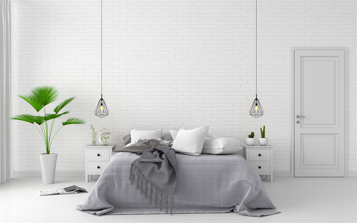 stylish light bedroom, modern interior design, white brick wall in the bedroom, modern interior