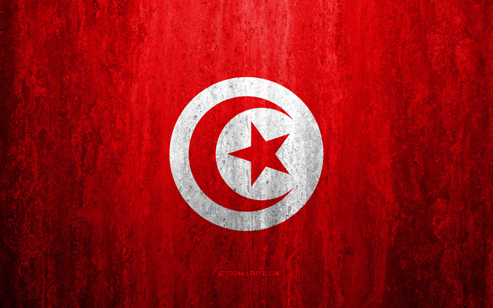 Flag of Tunisia, 4k, stone background, grunge flag, Africa, Tunisia flag, grunge art, national symbols, Tunisia, stone texture