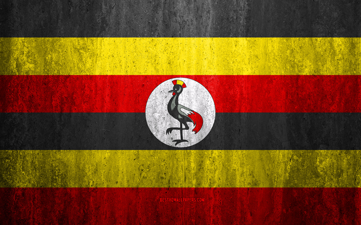 Flag of Uganda, 4k, stone background, grunge flag, Africa, Uganda flag, grunge art, national symbols, Uganda, stone texture