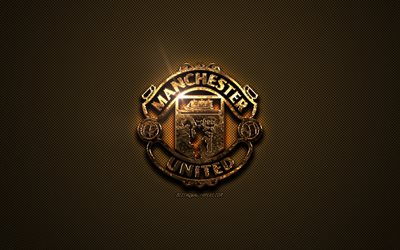 Manchester United FC, golden logotyp, Engelska football club, gyllene emblem, Manchester, England, Premier League, golden kolfiber konsistens, fotboll