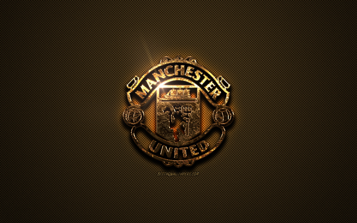 El Manchester United FC, de oro logotipo, club de f&#250;tbol ingl&#233;s, de oro con el emblema de Manchester, Inglaterra, la Premier League, de oro de fibra de carbono, la textura, el f&#250;tbol