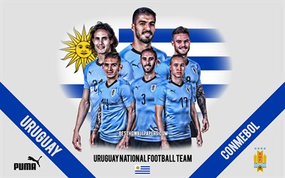 Uruguay national football team, team leaders, 2019 Copa America, CONMEBOL, Uruguay, South America, football, logo, emblem, Luis Suarez, Edinson Cavani, Diego God&#237;n