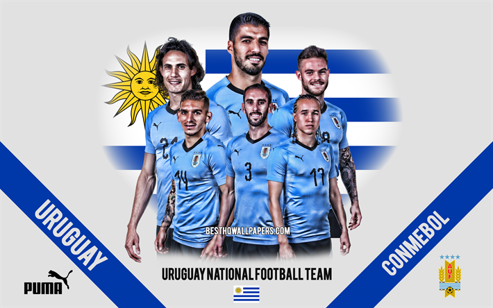 Uruguai equipa nacional de futebol, os l&#237;deres de equipe, 2019 Copa Am&#233;rica, CONMEBOL, Uruguai, Am&#233;rica Do Sul, futebol, logo, emblema, Luis Suarez, Edinson Cavani, Diego God&#237;n