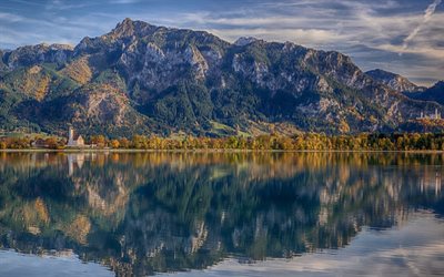 Lake Forggensee, 4k, german landmarks, beautiful nature, Bavaria, mountains, Germany, Europe