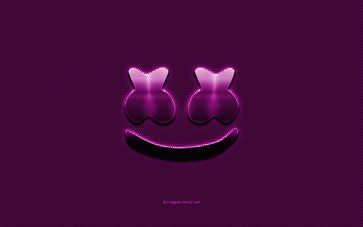 Marshmello logo, purple metal logo, purple metal mesh, American DJ, creative art, Marshmello, emblem, brands