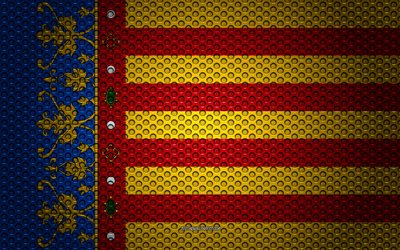 Bandeira de Val&#234;ncia, 4k, arte criativa, a malha de metal textura, Val&#234;ncia bandeira, s&#237;mbolo nacional, prov&#237;ncias da Espanha, Valencia, Espanha, Europa