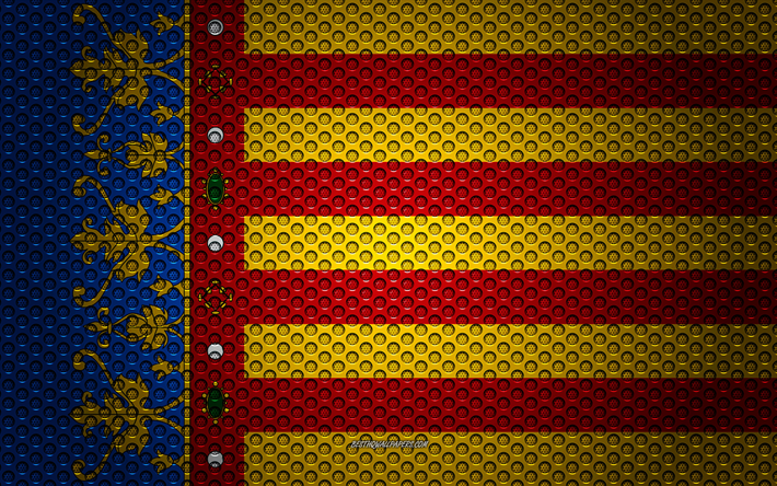 La bandera de Valencia, 4k, arte creativo, malla de metal textura, Valencia bandera, s&#237;mbolo nacional, de las provincias de Espa&#241;a, Valencia, Espa&#241;a, Europa