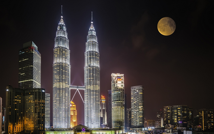 Torres Petronas, lua, arranha-c&#233;us, Kuala Lumpur, Mal&#225;sia, noturnas, &#193;sia, Torres Petronas na noite