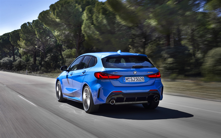 2020, BMW 1, exterior, rear view, blue hatchback, BMW M135i, German cars, BMW