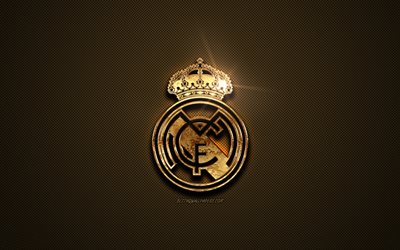 Real Madrid, golden logo, Spanish football club, golden emblem, Madrid, Spain, La Liga, golden carbon fiber texture, football, Real Madrid CF