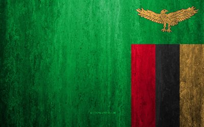 Flag of Zambia, 4k, stone background, grunge flag, Africa, Zambia flag, grunge art, national symbols, Zambia, stone texture