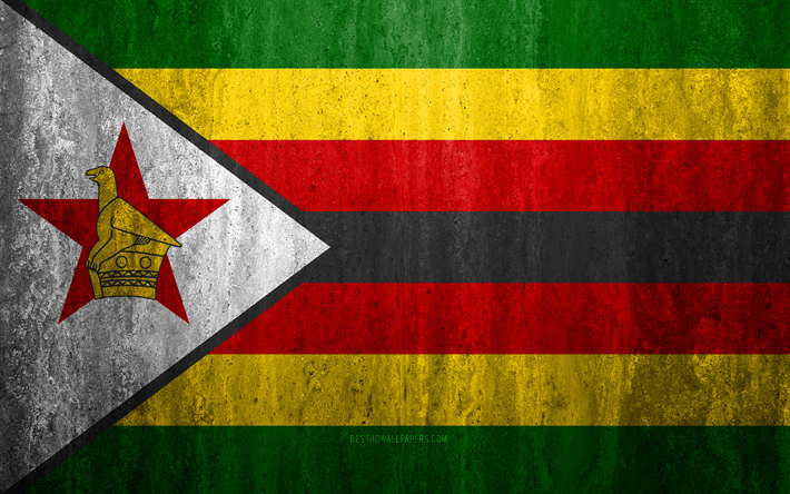Zimbabve bayrağı, 4k, taş arka plan, grunge bayrak, Afrika, Zimbabve bayrak, grunge sanat, ulusal semboller, Zimbabwe, taş doku