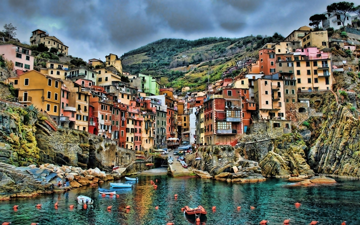 Cinque Terre, İtalyan şehirleri, liman, HDR, İtalya, Avrupa, yaz, şehir