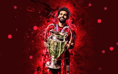 Mohamed Salah with cup, 4k, UEFA Champions League, 2019, Liverpool FC, egyptian footballers, close-up, LFC, fan art, Salah, Premier League, Mohamed Salah art, Salah Liverpool, Mohamed Salah, Mo Salah, soccer, neon lights, Mohamed Salah 4K