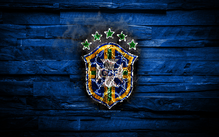 Brasilian jalkapallojoukkueen, polttava logo, Conmebol, sininen puinen tausta, grunge, Etel&#228;-Amerikan Maajoukkueiden, Brasilia, jalkapallo, Brasilian jalkapallomaajoukkue