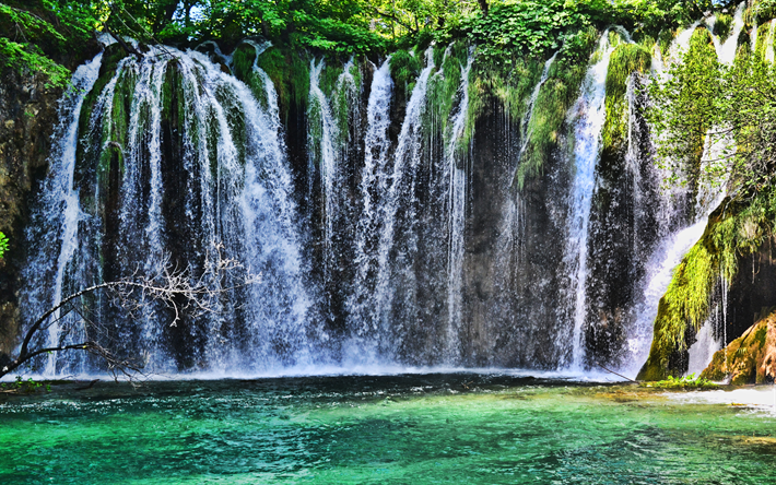 beautiful waterfall, forest, emerald lake, waterfalls, lakes, Plitvice Lakes National Park, Lika-Senj County, Karlovac County, Croatia