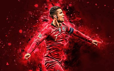 4k, Cristiano Ronaldo, 2019, goal, Portugal National Team, soccer, CR7, joy, neon lights, joyful Cristiano Ronaldo, Portuguese football team