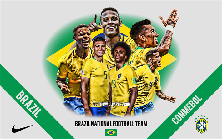 brasilien-fu&#223;ball-team, 2019 copa america, teamleiter, conmebol, brasilien, s&#252;damerika, fu&#223;ball, logo, emblem, neymar, philippe coutinho, roberto firmino, daniel alves, gabriel jesus