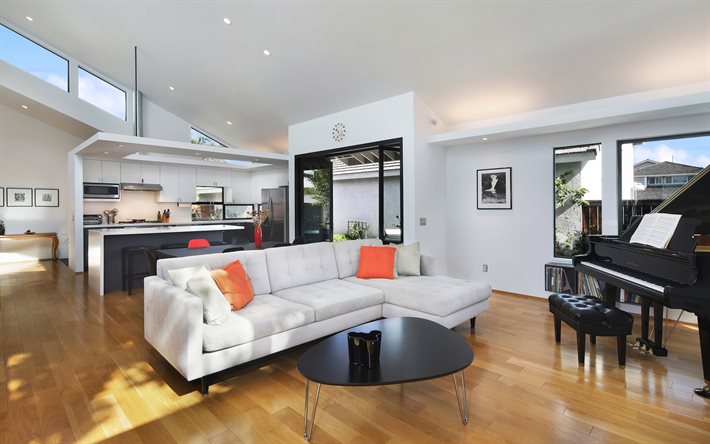 elegante design de interiores, sala de estar, preto piano na sala de estar, sof&#225; branco, minimalismo, o cinza das paredes na sala de estar