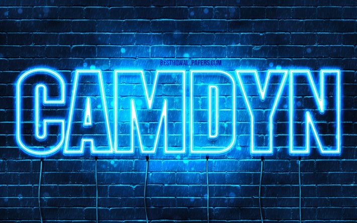 Camdyn, 4k, sfondi per il desktop con i nomi, il testo orizzontale, Camdyn nome, Felice Compleanno Camdyn, neon blu, immagine con nome Camdyn