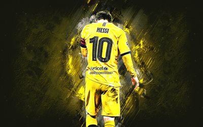 lionel messi, fc barcelona, argentinische fußball-spieler, barcelona-gelb, einheitlich, la liga, fußball -, portrait -, gelb-stein hintergrund, champions league