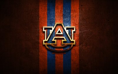 Auburn Tigers, golden logo, NCAA, orange metal background, american football club, Auburn Tigers logo, american football, USA