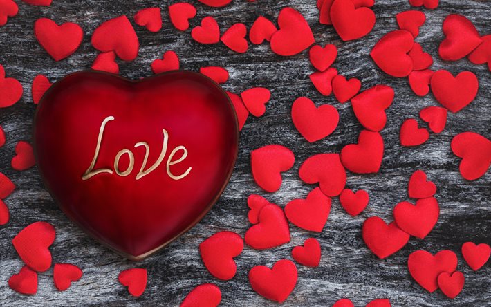 love background, red heart, gray wooden background with red hearts, red silk hearts, heart background, romantic background