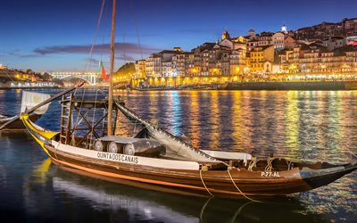 Porto, Arrabida Bridge, harbor, Douro River, arch bridge, evening, sunset, Portugal, Vila Nova de Gaia