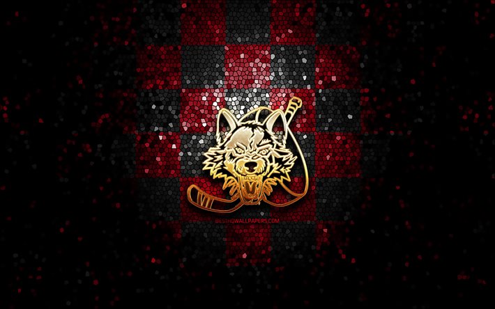 Chicago Wolves, glitter logo, AHL, red black checkered background, USA, american hockey team, Chicago Wolves logo, mosaic art, hockey, America