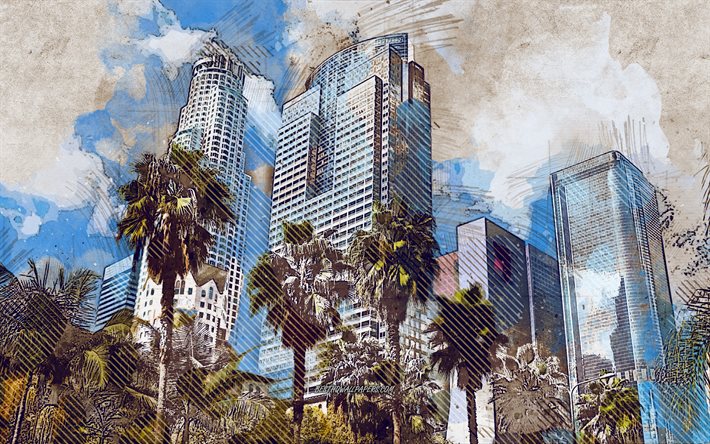 Los Angeles, California, USA, Library Tower, First Interstate World Center, grunge art, creative art, painted Los Angeles, drawing, Los Angeles grunge, digital art