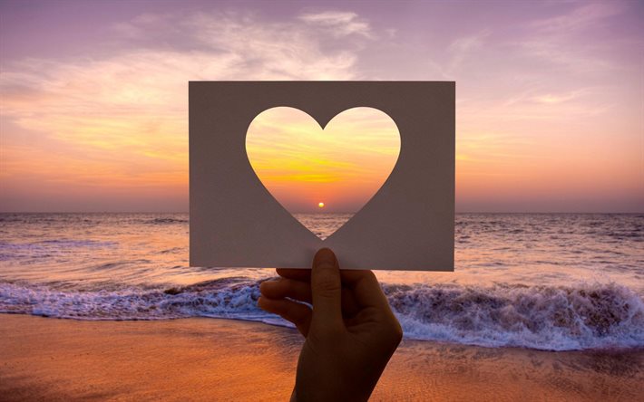heart frame, love frame, sunset, evening, seascape, love sea concepts, love to travel, paper frame