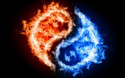 yin and yang, creative, blue and orange fire, dualism concepts, fiery yin yang, artwork, yin yang, dualism