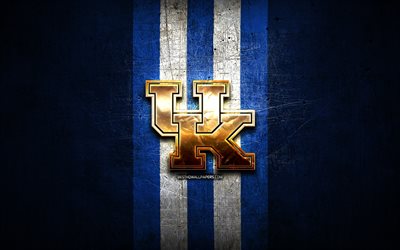 Kentucky Wildcats, golden logo, NCAA, blue metal background, american football club, Kentucky Wildcats logo, american football, USA