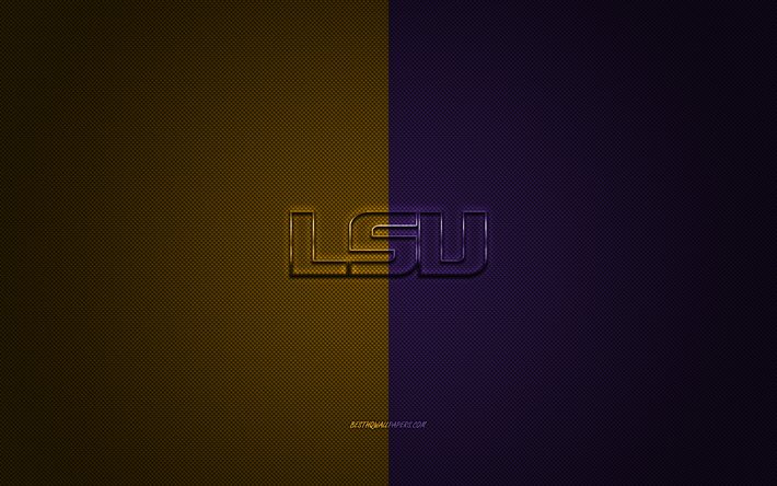 LSUタイガースロゴ, アメリカのサッカークラブ, NCAA, 黄色の紫色のロゴ, 黄紫炭素繊維の背景, アメリカのサッカー, バトンルージュ, ルイジアナ州, 米国, LSUタイガース, ルイジアナ州立大学