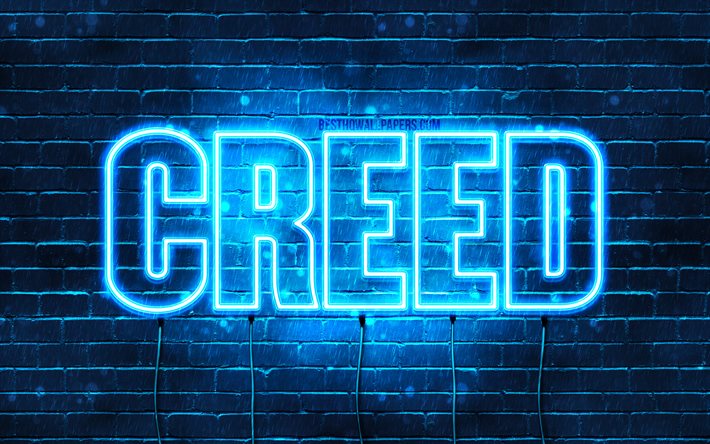 Creed, 4k, taustakuvia nimet, vaakasuuntainen teksti, Creed nimi, Hyv&#228;&#228; Syntym&#228;p&#228;iv&#228;&#228; Creed, blue neon valot, kuva Creed nimi
