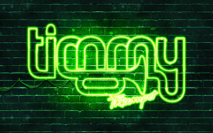 Timmy Trombeta logotipo verde, 4k, superstars, australiano DJs, verde brickwall, Timmy Trombeta logotipo, Tim&#243;teo Judas Smith, Timmy Trombeta, estrelas da m&#250;sica, Timmy Trombeta de n&#233;on logotipo