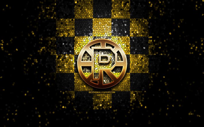 Providence Bruins, glitter logotyp, AHL, gul-svart rutig bakgrund, USA, amerikansk ishockey, Providence Bruins logotyp, mosaik konst, hockey, Amerika