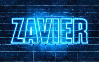 Zavier, 4k, sfondi per il desktop con i nomi, il testo orizzontale, Zavier nome, Felice Compleanno Zavier, neon blu, immagine con nome Zavier