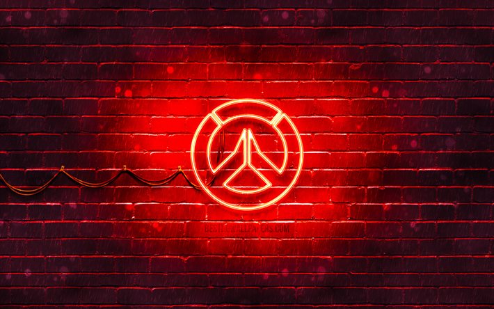 Overwatch red logo, 4k, red brickwall, Overwatch logo, 2020 games, Overwatch neon logo, Overwatch
