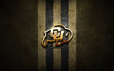 Colorado Buffaloes, golden logo, NCAA, brown metal background, american football club, Colorado Buffaloes logo, american football, USA