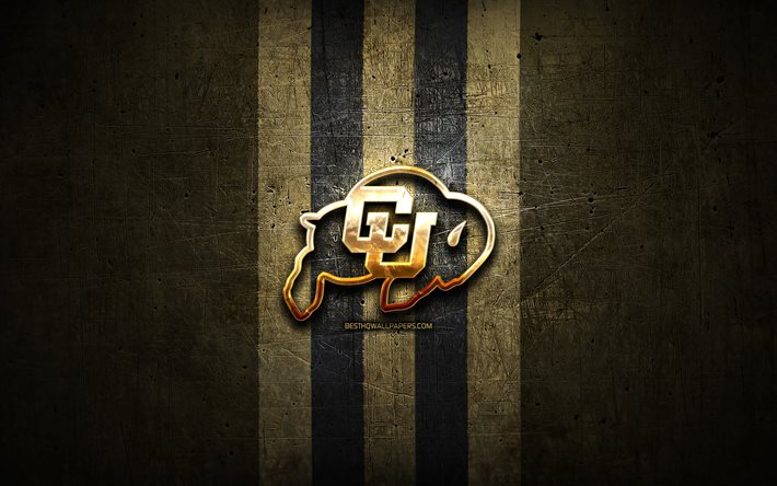 Colorado Buffaloes, golden logo, NCAA, brown metal background, american football club, Colorado Buffaloes logo, american football, USA