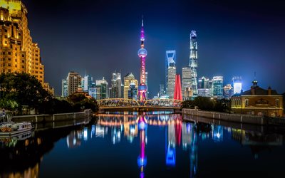 Shanghai, Oriental Pearl Tower, Shanghai Tower, Shanghai World Financial Center, skyskrapor, natt, moderna byggnader, Kina