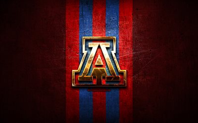 Arizona Wildcats, golden logo, NCAA, red metal background, american football club, Arizona Wildcats logo, american football, USA