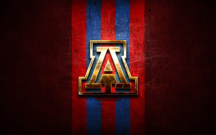 Arizona Wildcats, altın logo, NCAA, kırmızı metal arka plan, Amerikan Futbol Kul&#252;b&#252;, Arizona logo, Amerikan Futbolu, ABD Wildcats
