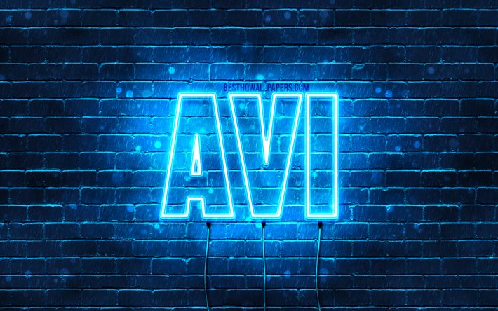 Avi, 4k, wallpapers with names, horizontal text, Avi name, Happy Birthday Avi, blue neon lights, picture with Avi name