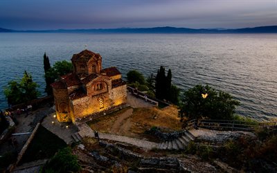 Ohrid, Church of St John at Kaneo, North Macedonia, Lake Ohrid, Saint John at Kaneo, Macedonian Orthodox church, evening, sunset, lake