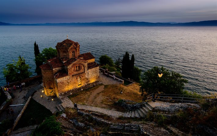 Kaneo, Kuzey Makedonya, Ohrid G&#246;l&#252;, Saint John at Kaneo, Makedon Ortodoks Kilisesi, akşam, G&#252;n batımı, lake St John Ohri, Kilise