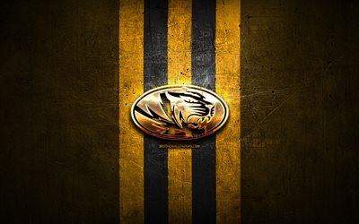 Missouri Tigers, golden logo, NCAA, yellow metal background, american football club, Missouri Tigers logo, american football, USA