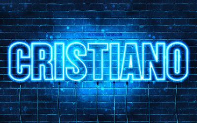 Christian, 4k, taustakuvia nimet, vaakasuuntainen teksti, Cristiano nimi, Hyv&#228;&#228; Syntym&#228;p&#228;iv&#228;&#228; Cristiano, blue neon valot, kuva Cristiano nimi