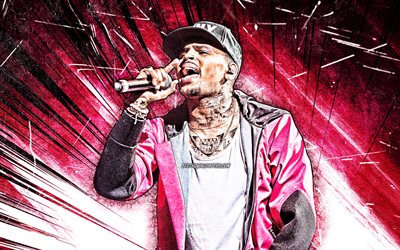 4k, Chris Brown, grunge art, american singer, music stars, creative, Christopher Maurice Brown, purple abstract rays, american celebrity, Chris Brown with microphone, superstars, Chris Brown 4K